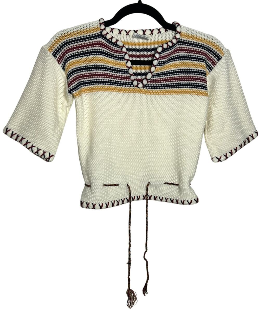 VTG F.A.I. Ivory Knit Striped Drawstring Sweater Boho Whimsygoth S Retro Preppy